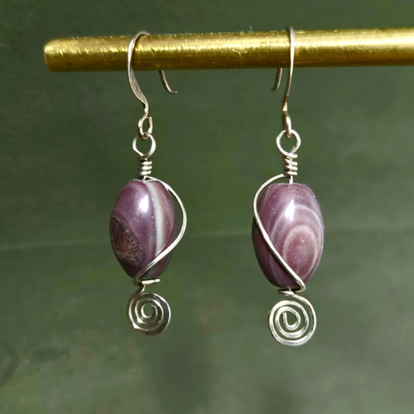 Vintage Silver Tone Purple Nature Gemstone Handmade Swirl Earrings - Picture 1 of 11